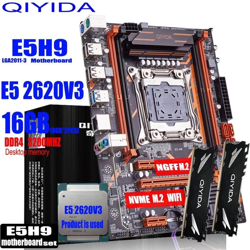 UnKnown [해외] 마더보드 메인보드 Qiyida X99 마더 보드 세트 LGA2011-3 E5 2620V3 2개 * 8gb = 16GB 3200MHz DDR4 4 채널 SATA 3.0 nvme M.2