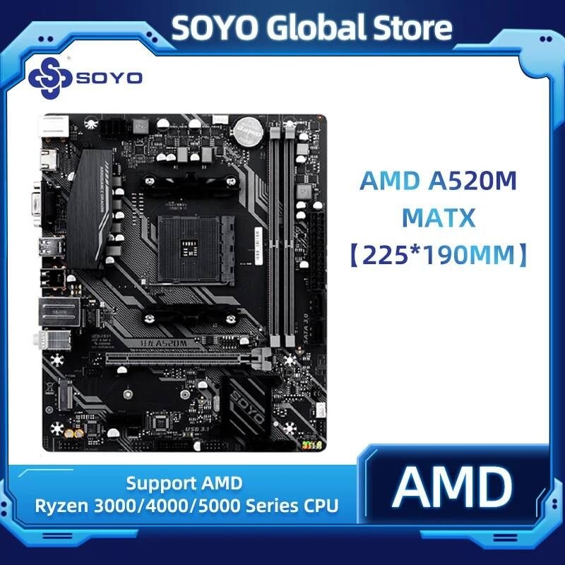 [해외] 마더보드 메인보드 SOYO-A520M 마더 보드 키트 5600 CPU 지원 AMD Ryzen CPU(3600/4650G/5600G/5600X) M.2 NVME USB3.1 듀얼 채널 DDR4 메