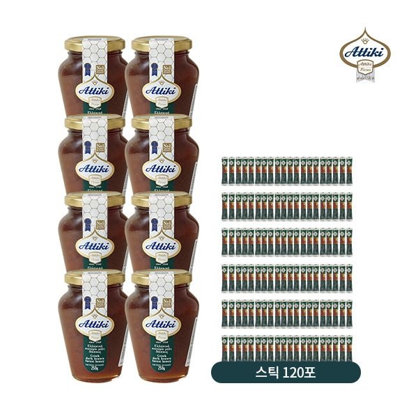 ATTIKI Bee Culturing Co. 아티키 [아티키 그릭 허니] [더블] 아티키 그릭 다크 브라운 포레스트 허니 8병+ 스틱120개(250g*8병+8g*30개*4박스, 총 2,960g