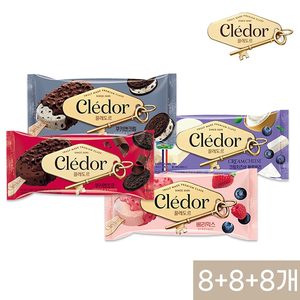 빙그레 끌레도르 프리미엄 아이스크림바 4종 24개 (8+8+8개) /바닐라/쿠키앤크림/베리믹스