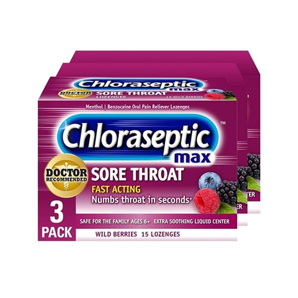 Chloraseptic [해외] Chloraseptic 와일드 베리 맛 목캔디 15개임 3팩 Chloraseptic Max Strength Sore Throat Lozenges, Wild Berries, 15 Count, 3 Pack