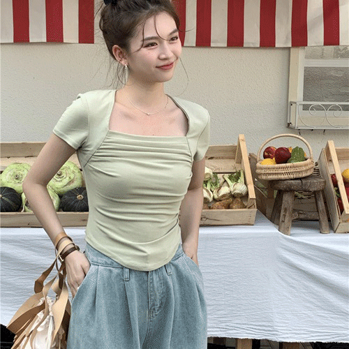 [하프클럽]낙찰 여름 드레이프 셔링 스퀘어넥 반팔 티셔츠 이너티 블라우스 블랙 그린 핫핑크 세미크롭티 하객룩