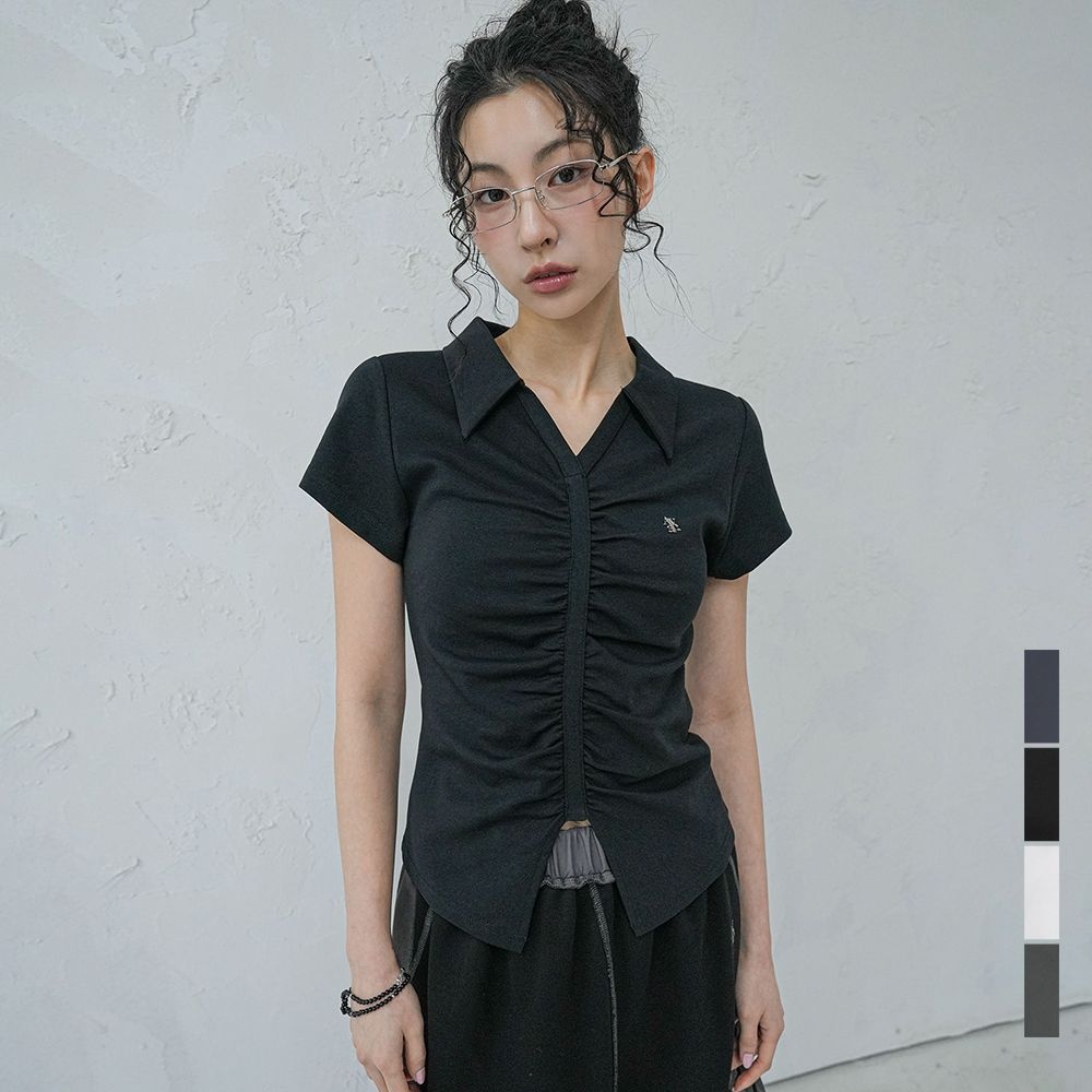 V Shirring Collar Tee - 4COL
