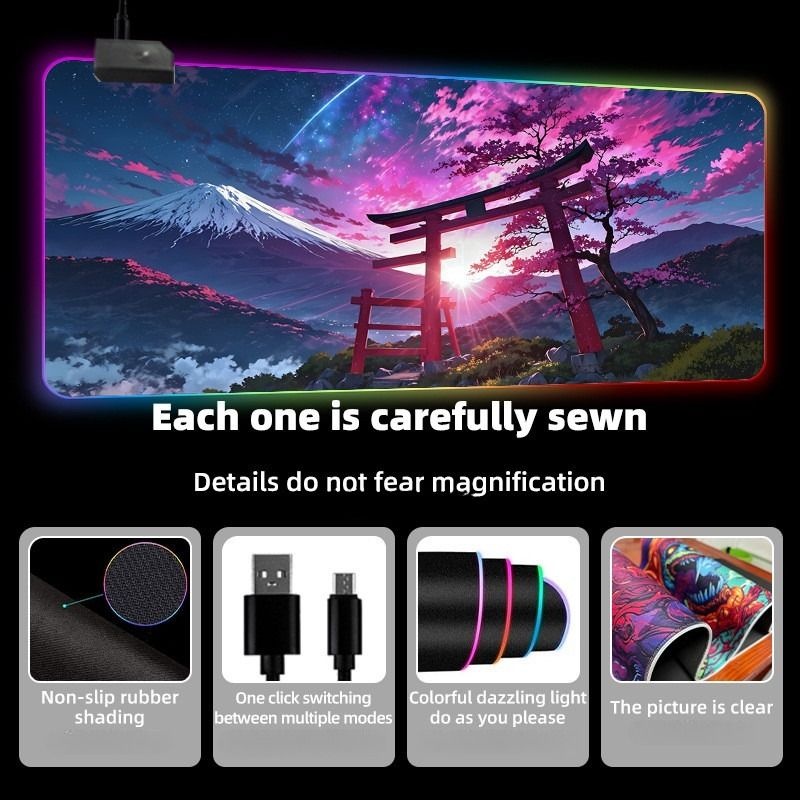[해외] 오리엔탈 동양풍 용 벚꽃 풍경 일러스트 RGB 게이밍 와이드 마우스패드 LED 장패드