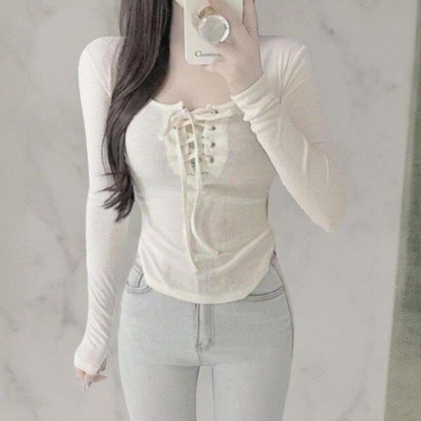 [다잇템] 여성 일상복 롱슬리브 U넥 스웨터 끈있는 골지 슬림핏 티셔츠2415...