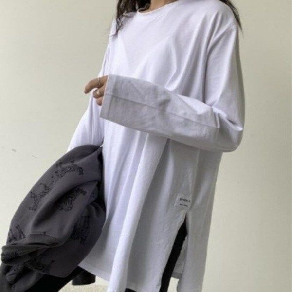 [다잇템] 여성 U넥 베이직 빅사이즈 트임 힙커버 롱슬리브 옆면 티셔츠2415...