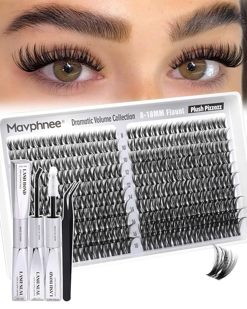 Mavphnee [해외] Flaunt 속눈썹 클러스터 키트 위스피 연장 8-18MM 볼륨 개별 CD 커브 웻 룩 본드 및 씰 포함 Mavphnee