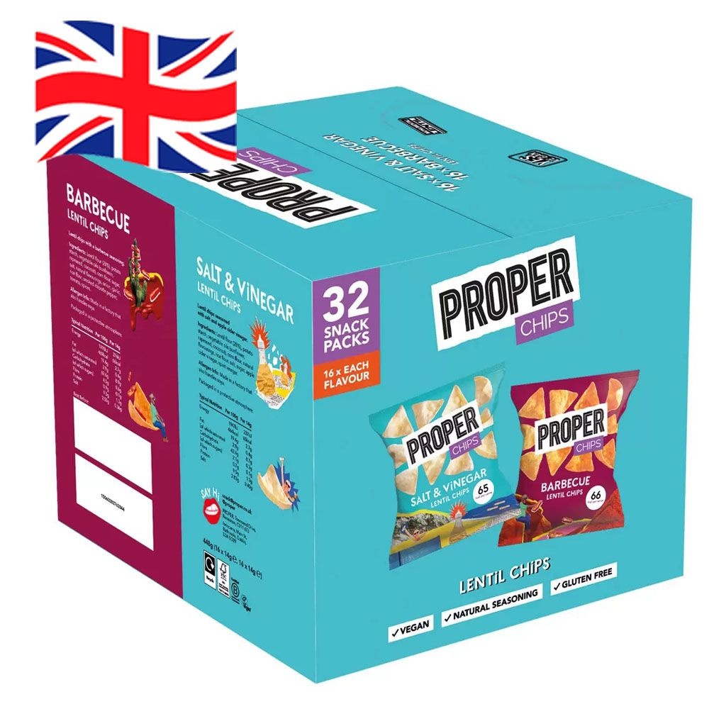 [해외] 14g 32개 프로퍼 칩스 렌틸 스낵 바베큐 솔트앤비네가 맛, Proper Chips BBQ and Salt & Vinegar