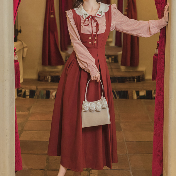 교복몰 [교복몰] 레드체크 앵두자수 블라우스 플리츠 롱스커트