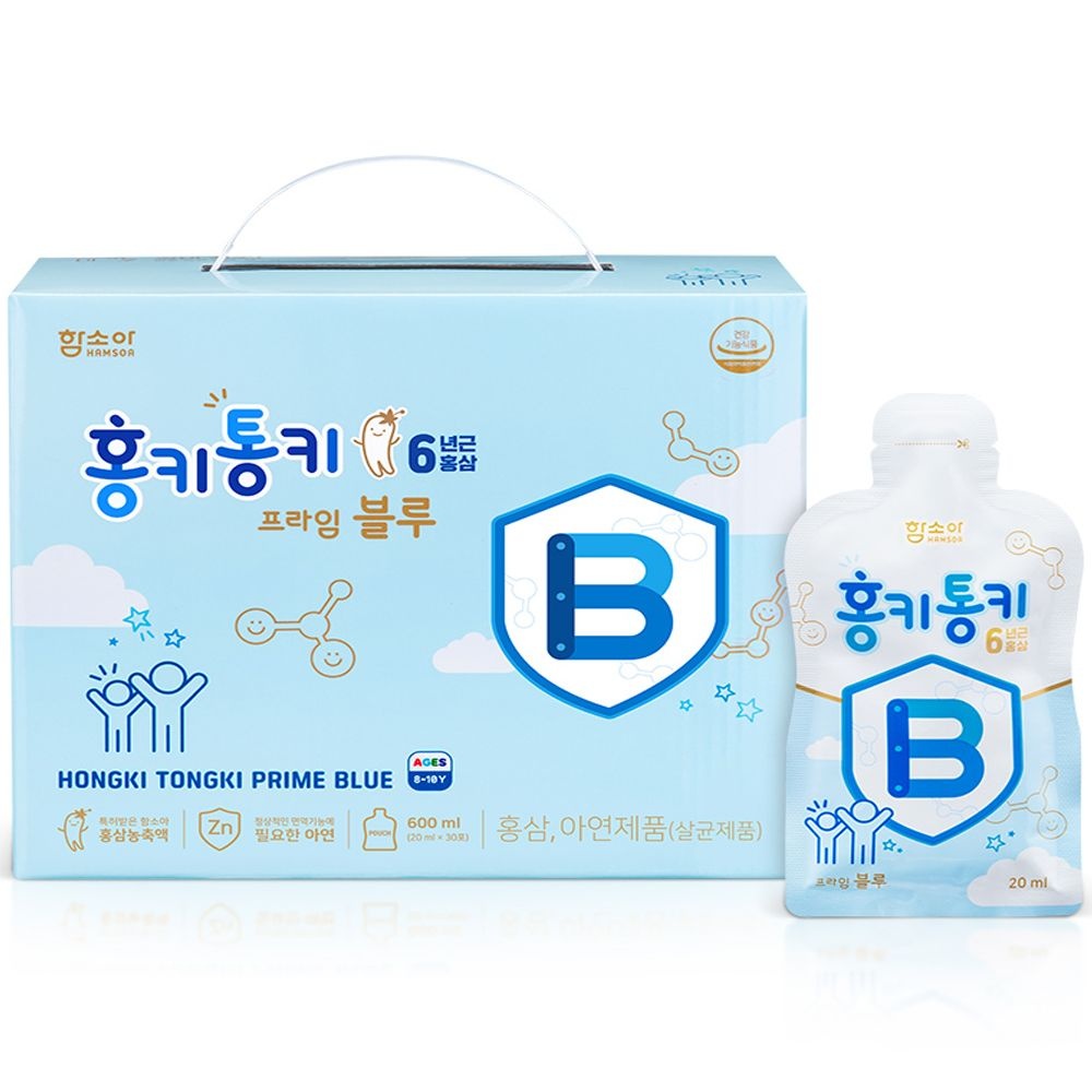 함소아 제약 홍키통키 프라임 블루 홍삼 + 아연 면역력 어린이 영양제 8세~10세 (20ml*30포) (1/2/3박스 택1)