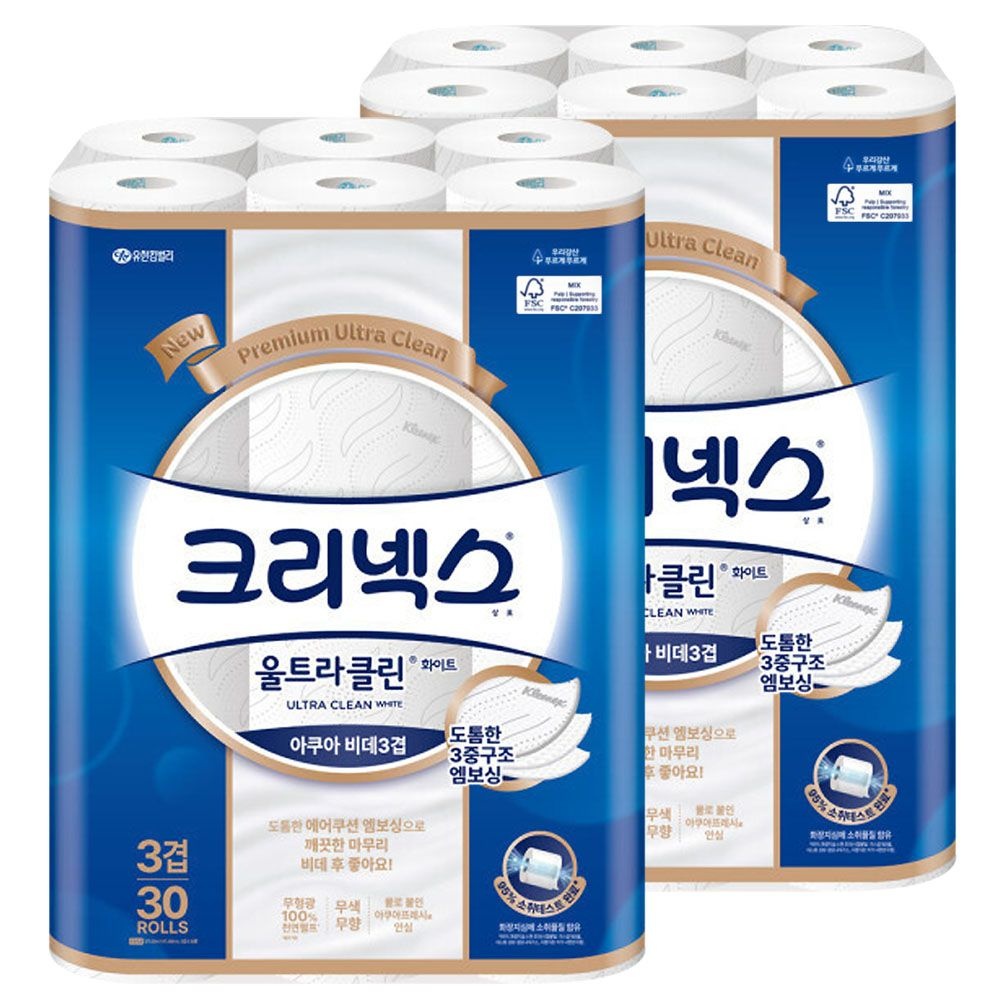 크리넥스 3겹 울트라클린 화이트 비데티슈 화장지 30m 30롤 x2개