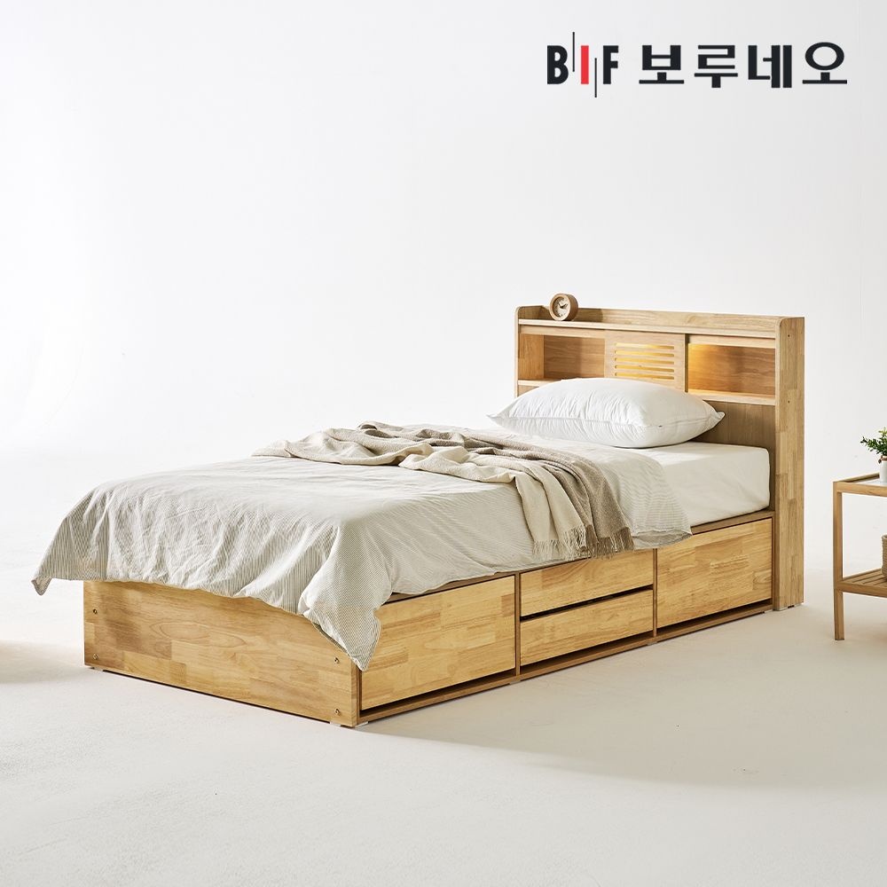 보루네오 카뮤Po 4서랍 고무나무 원목 침대 LED 독립유로탑 세트 SS