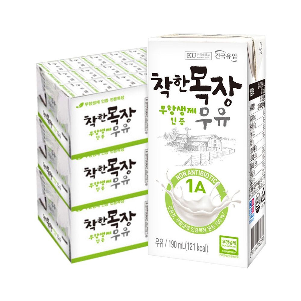 [온누리상품] 건국유업 건국우유 착한목장 무항생제 우유 190ml 72팩