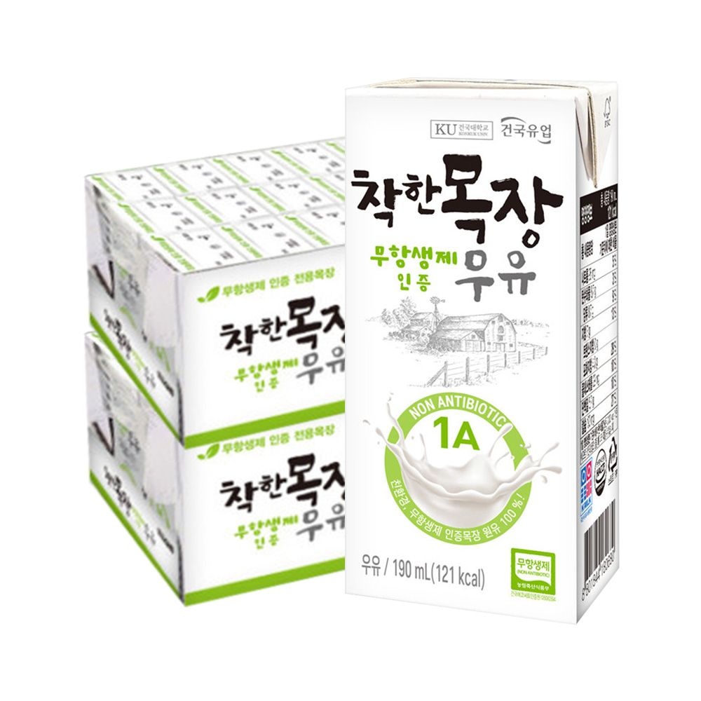 [온누리상품] 건국유업 건국우유 착한목장 무항생제 우유 190ml 48팩