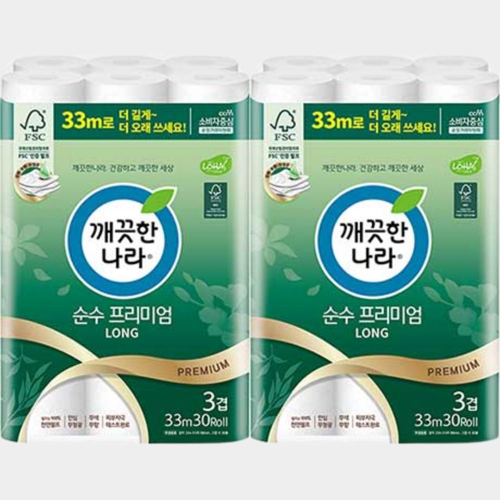 깨끗한나라 대용량 순수 프리미엄 화장지 33m 2팩