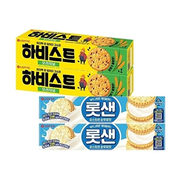 [롯데웰푸드]롯샌 파스퇴르 순우유맛 105g x2개+하비스트 오리지널 100g x2개
