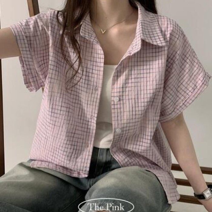 더핑크 더핑크 라유 오버핏 체크 롤업 반팔 셔츠 남방 3271808