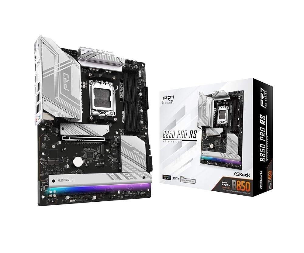 [해외] ASRock AMD AM5 B850 Pro RS 마더보드, AMD Ryzen 9000/8000/7000 시리즈, 최대 8000MHz의 DDR5 슬롯 4개, 24핀 전원 연결, ATX, USB 포트