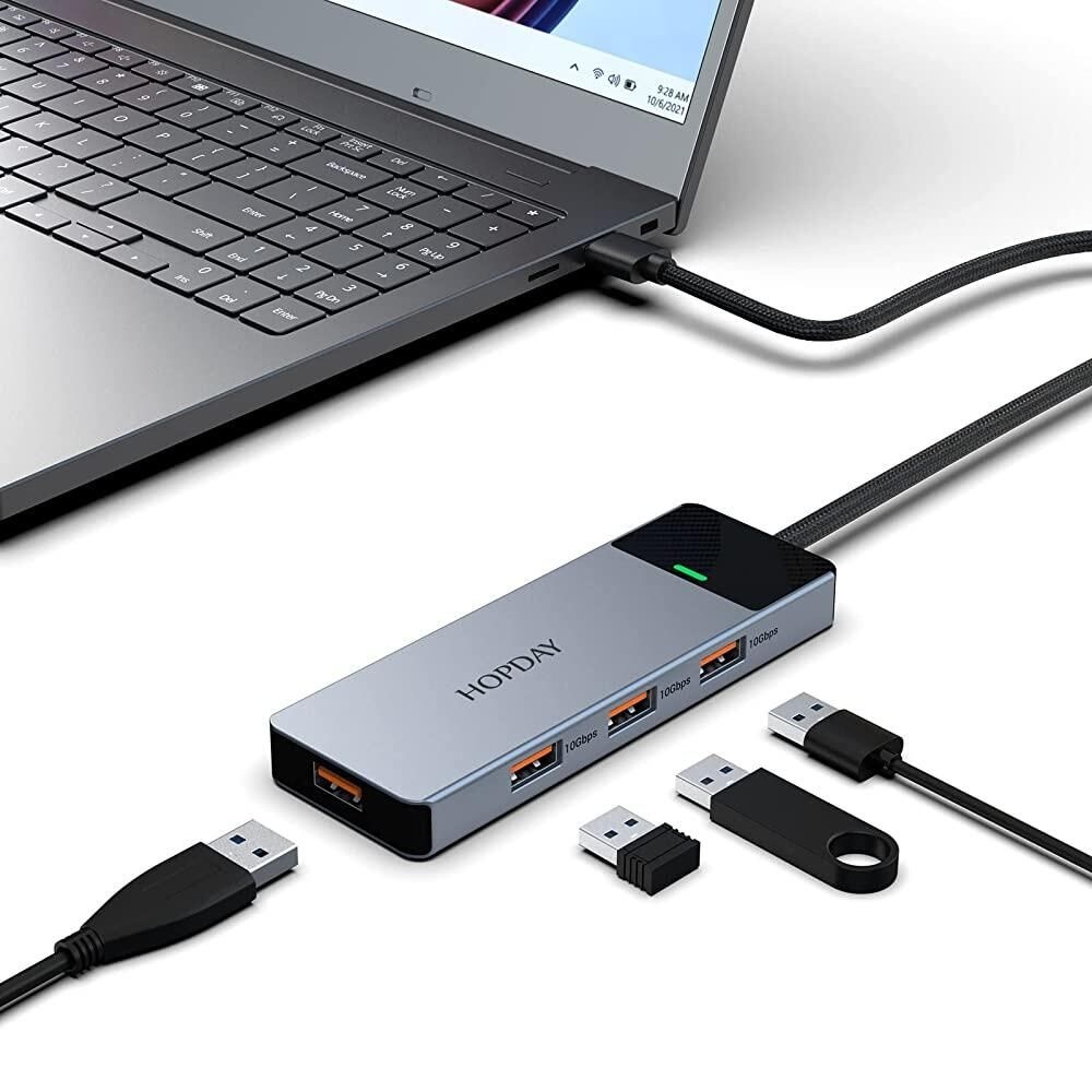 [해외] HOPDAY USB 허브, 4포트 USB 3.2 허브, USB 스플리터 멀티포트 어댑터 10Gbps 데이터 허브, 맥북 에어/프로, 아이맥, 델, HP,