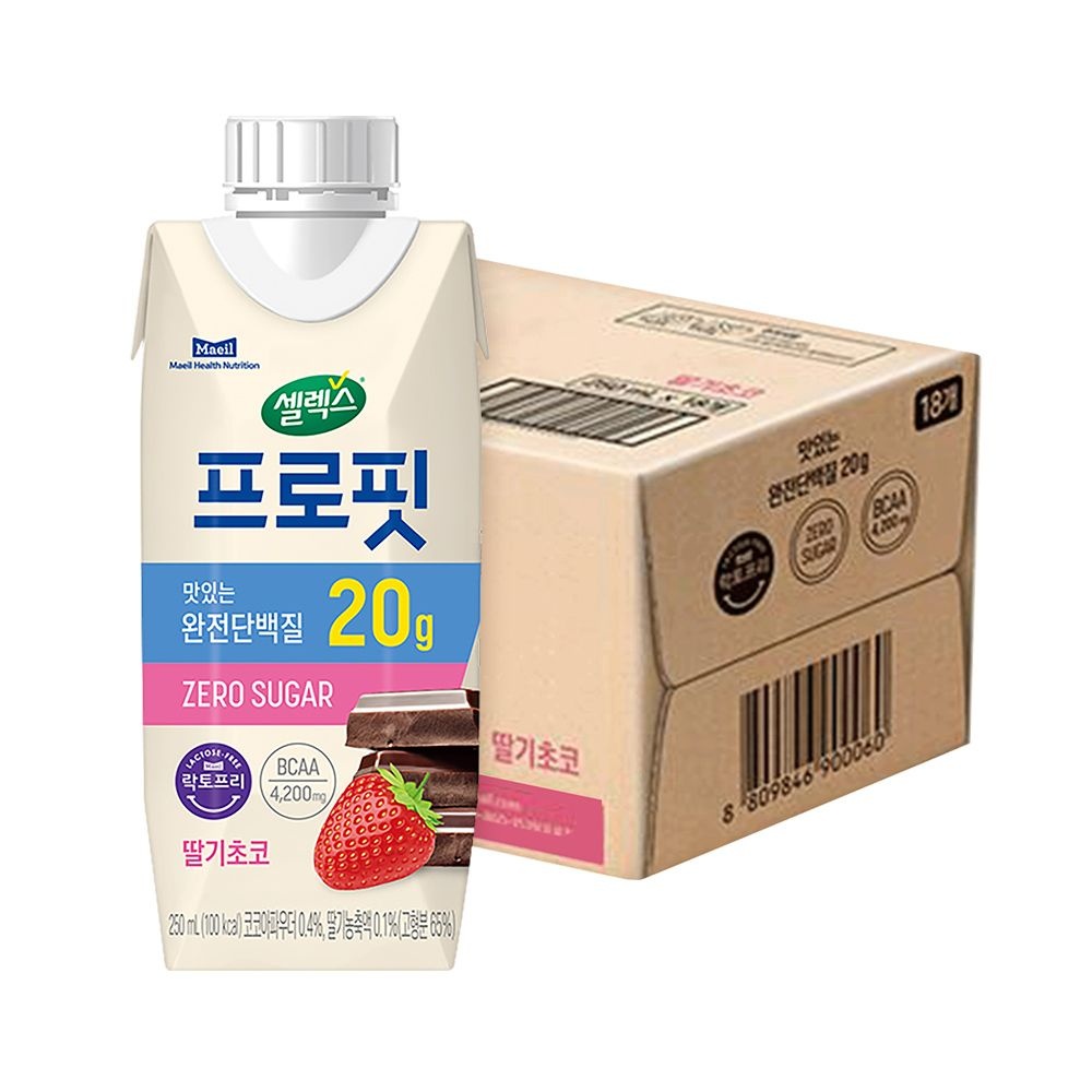 [온누리상품] 셀렉스 프로핏 완전단백질 딸기초코 드링크 250ml 18입 (1박스)