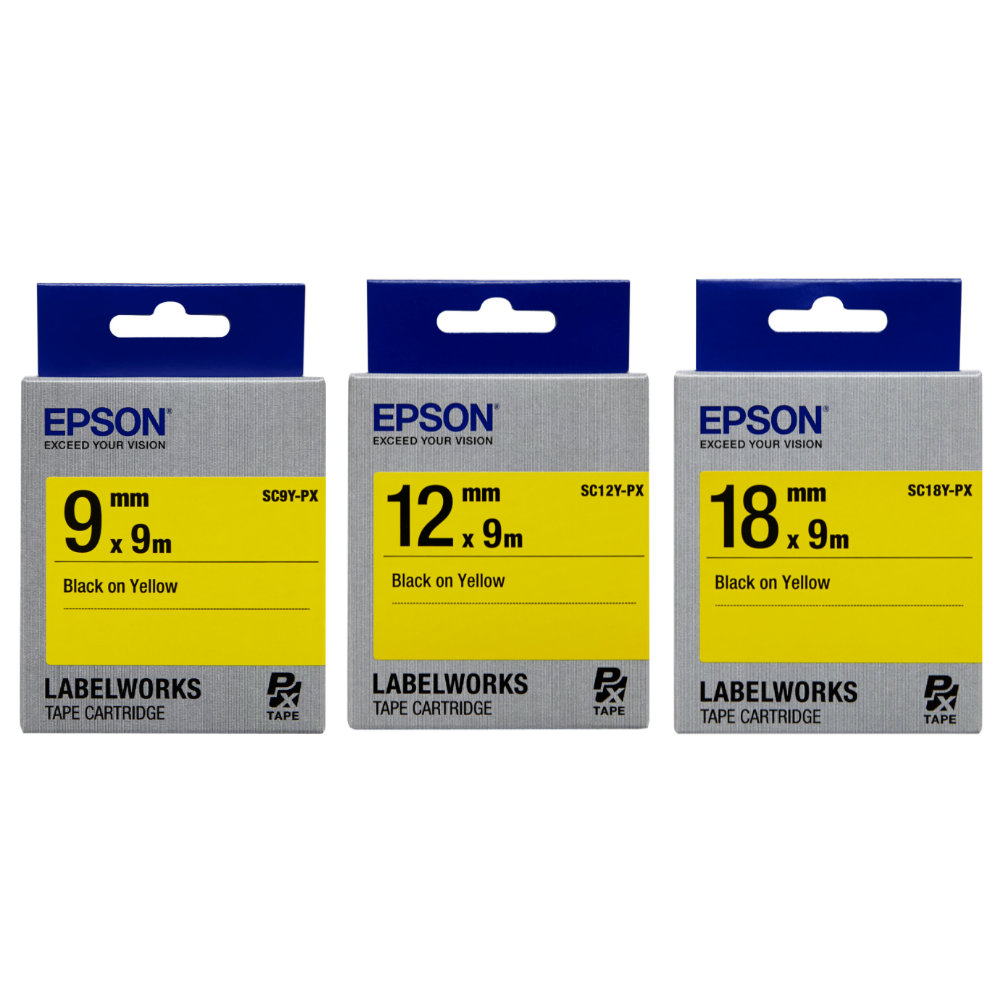 엡손 정품 라벨테이프 SCYP1-PX 노랑바탕 / 검정글씨 3종패키지 9mm/12mm/18mm