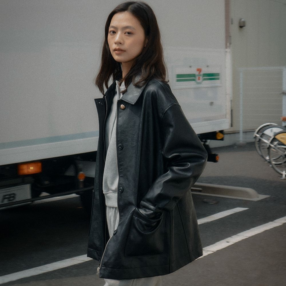 Faux leather pocket jacket_Black