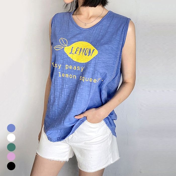 레몬 배색 나염 라운드 민소매 티셔츠_O2604TS090B