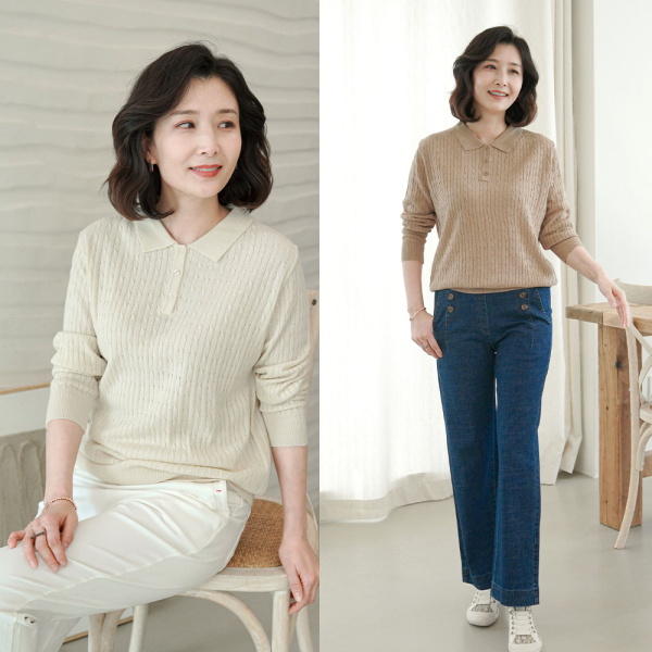 쉬즈마담 [패션플러스][쉬즈마담]T56153 폴스 꽈배기 카라롱니트/마담/중년여성옷