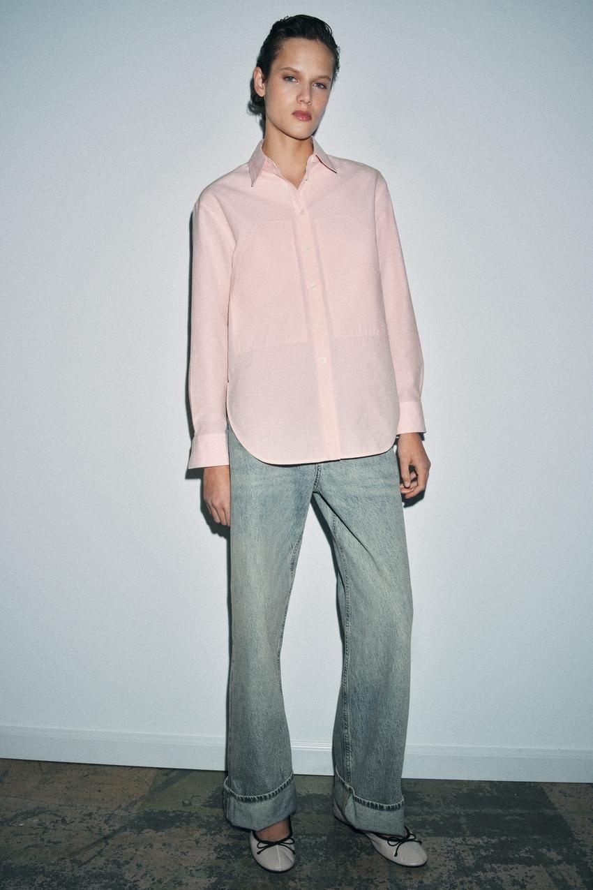 ZARA ZW 컬렉션 탈부착 칼라 스트라이프 셔츠 - 로즈핑크 / 화이트 370907