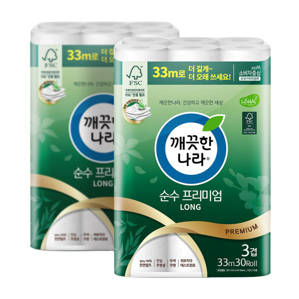 깨끗한나라 화장지 3겹 순수프리미엄 33m 30롤 2팩