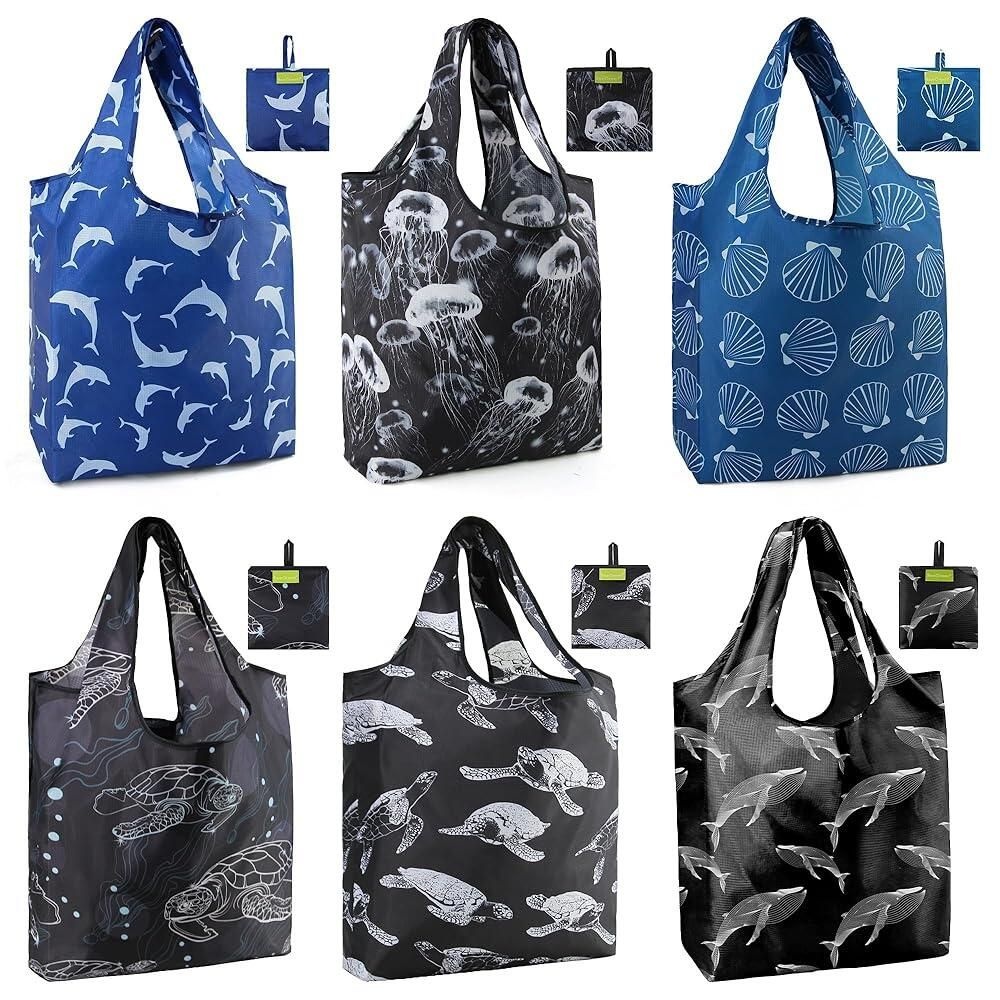 [해외] BeeGreen Flower Reusable Shopping Bags Cute Grocery Bag 6 Pack Christmas Gift Heavy-Duty Foldable Totes for Supermarket Work & Travel Large Washable P