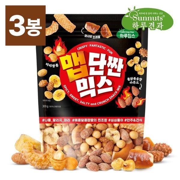 썬넛트 맵단짠믹스300gX3봉 마라땅콩,불닭볶음향아몬드,빠삭칩,원물간식,안주 3692748