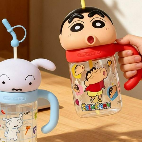 [해외] [그루비마켓] 공식 짱구&흰둥이 대용량 유리 빨대컵 1050ml