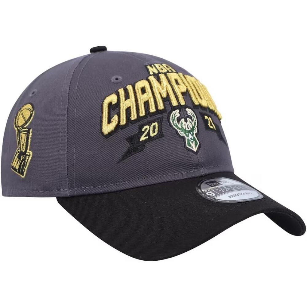 [해외] Milwaukee Bucks 2021 챔피언 릴렉스 핏 조절 가능한 캡 - NBA 9Twenty 그레이/블랙 야구 아빠 모자 [호환]