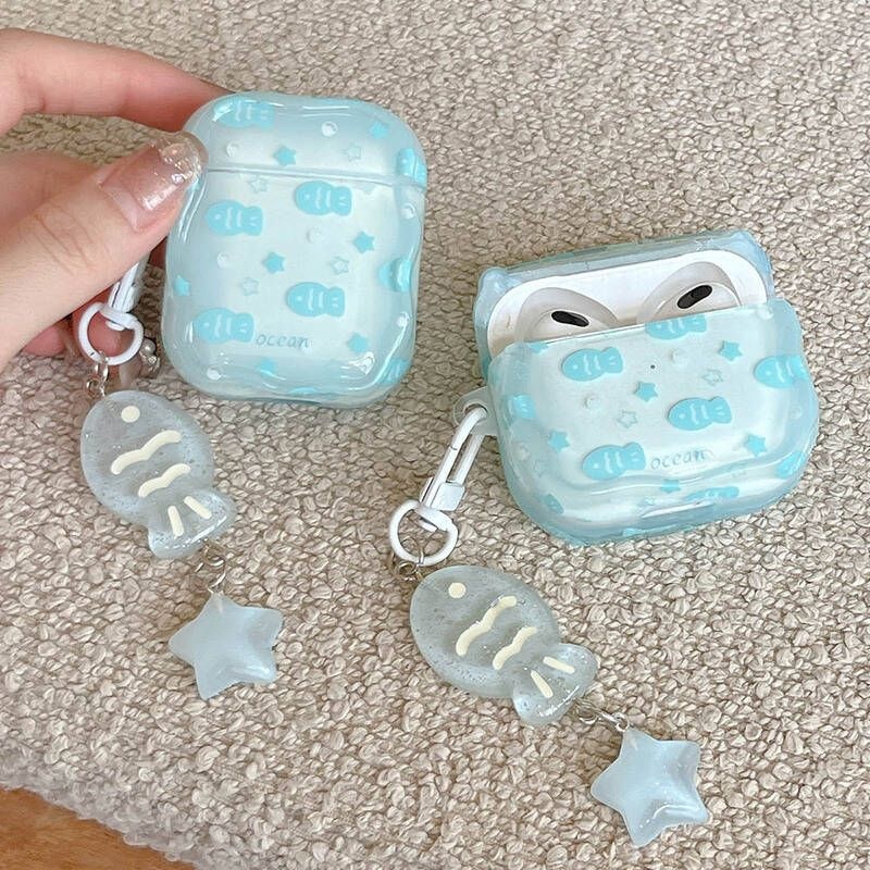 UnKnown 헤드셋파우치 헤드폰 케이스 AirPods 4 2 3 Pro 이어 버드 Blue Fish Star AirPod Pro2 헤드셋 가방 열쇠 고리 이어폰 펀다