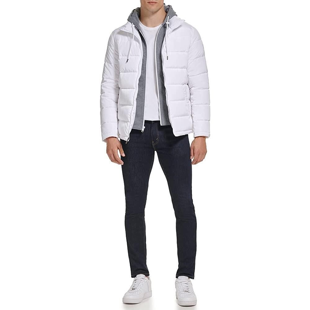 [해외] Kenneth Cole 남성용 컬러 블록 패딩 지퍼 오프 후드 혼합 미디어 재킷 Night Sky [호환]