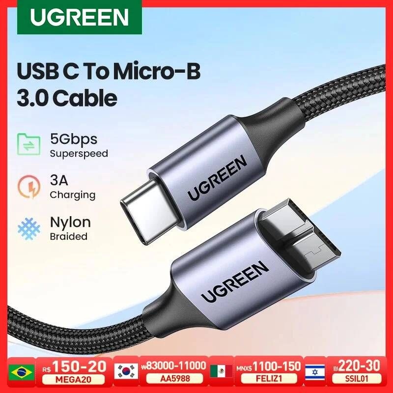 [해외] 외장하드케이블 연결선 Ugreen-USB C to Micro B 30 케이블 5Gbps 3A 맥북 하드 드 디스크 고속 데이터 HDD SSD 케이스 USB c 마