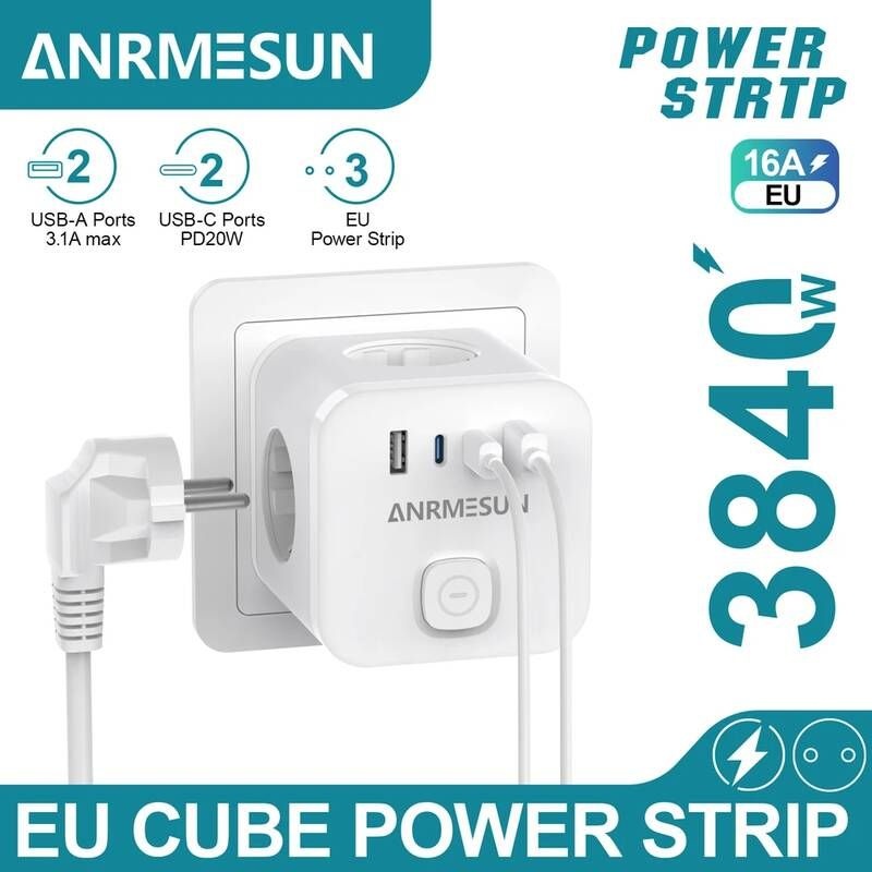 JINGMIN [해외] PVC소켓 EU 콘센트 파워 스트립 벽면 3개 AC 2개 USB QC 17W C PD 20W 고속 충전 어댑터 7-in-1 온오프 스위치