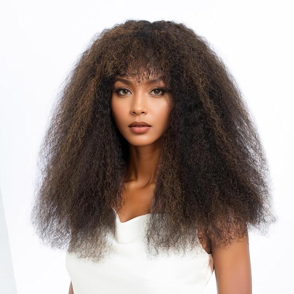 Rebecca Fashion [해외] Rebecca Fashion 아프로 킹키 컬리 가발 앞머리 인모 미니멀리스트 6.4x2.5cm2.5x1인치 레이스 두피 여성용 접착제 없는