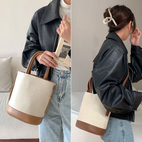 [하프클럽](큰손할인) 캔버스 버킷백 데일리백 보부상 캐주얼 직장인 출근 크로스백 가방 핸드백 숄더 가죽배색