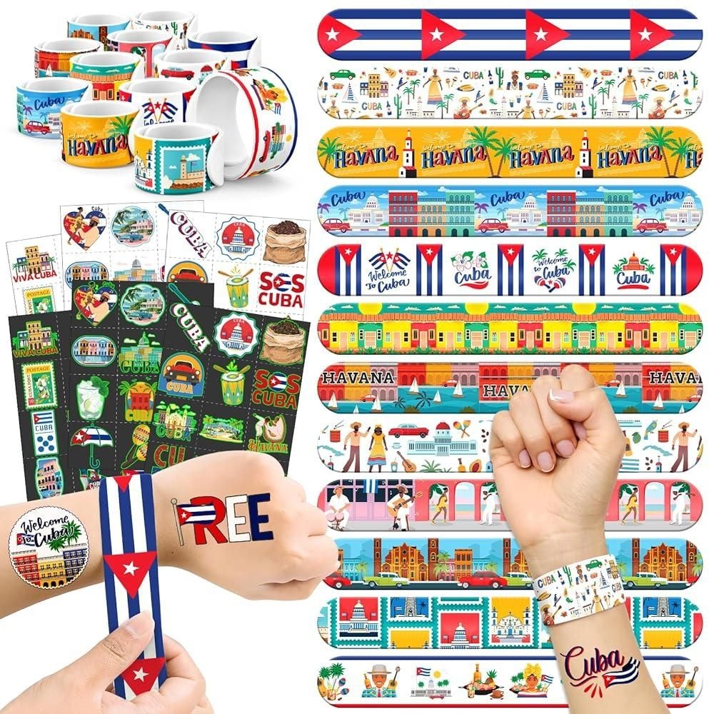 BOIKOKY 96피스 쿠바 파티 선물 트 - 미리 재단된 임시 타투 72개 슬랩 팔찌 24개 하바나의 밤 문화 축제 여행 테마 축하 행