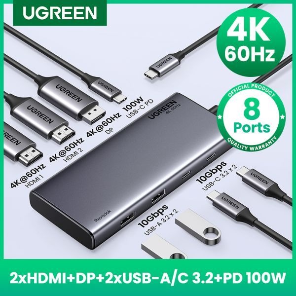 [해외] DP단자 UGREEN 트리플 디스플레이 USB C 허브 10Gbps 4K HDMI 어댑터 8 인 1 Splitter DP USB32 PD 100W 독 맥북 프로 에어 PC용