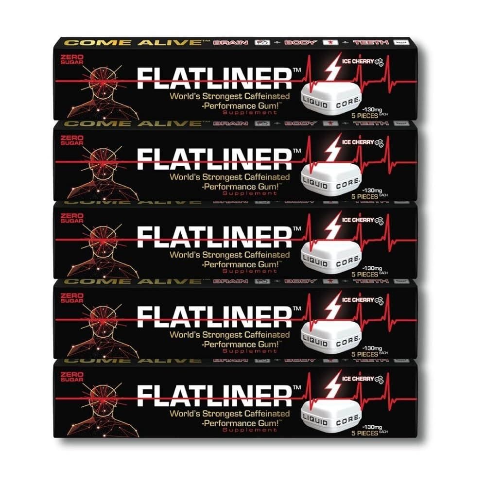 [해외] FLATLINER 카페인 껌 - 무설탕 자일리톨 검, 개당 천연 카페인 130mg, 아이스 체리 에너지 검 - 5팩 - 25피스