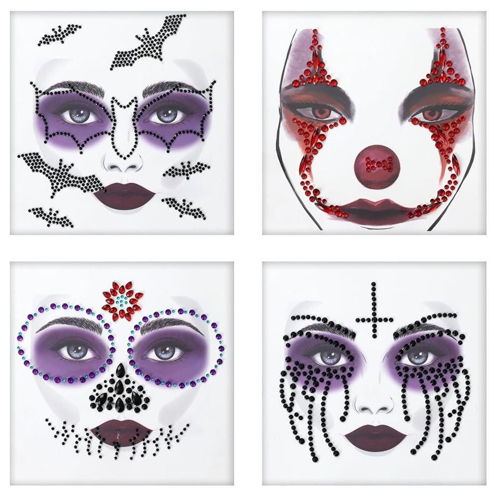 TailaiMei [해외] TailaiMei 4팩 페이스 젬 주얼리 블랙 앤 레드 할로윈 페스티벌 타투 스티커 라인스톤 크리스탈 바디 스톤 여성용 파