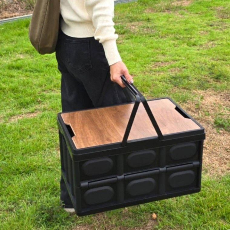 블랙 55L 나무 상판 접이식 플라스틱 캠핑박스 폴딩박스 테이블 트렁크 상자 수납 정리