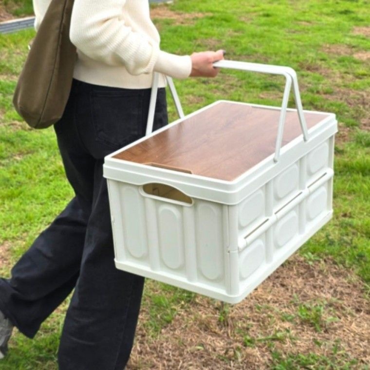 손잡이 55L 나무 상판 접이식 플라스틱 캠핑박스 폴딩박스 테이블 트렁크 상자 수납 정리