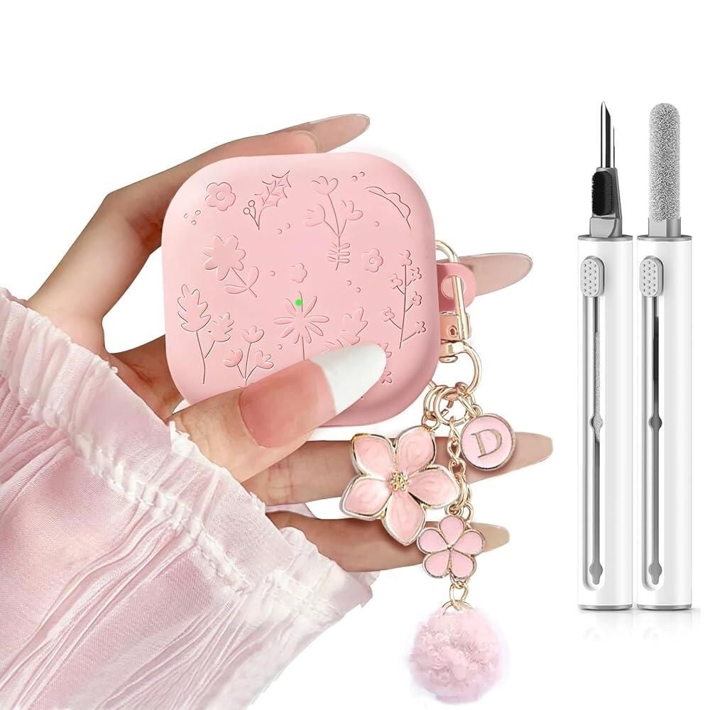 Frylaa [해외] Frylaa 삼성 갤럭시 버드 4 케이스/갤럭시 프로 케이스 커버, 4/4 프로용 귀여운 각인 플라워 여성스러운 꽃무늬 키