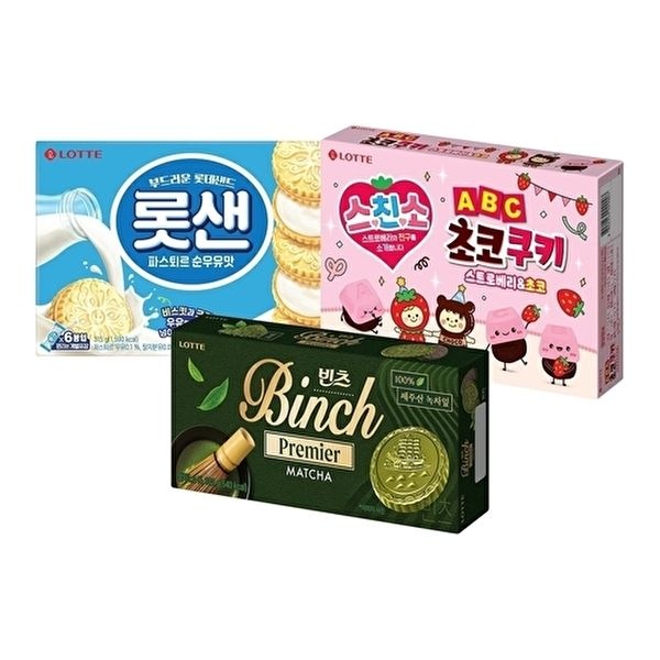 [롯데웰푸드]ABC 초코쿠키 딸기x1+롯샌 순우유맛x1+빈츠 말차x1