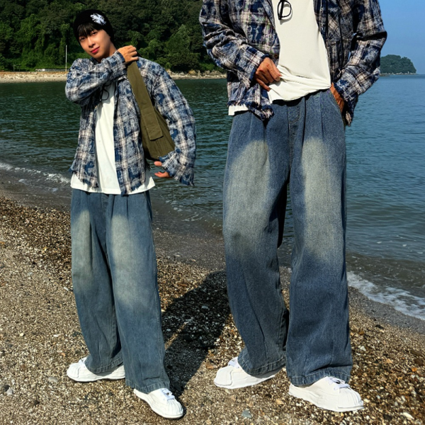 [클라쓰업]타이 남자 벌룬핏 핀턱 와이드 밴딩 데님 청바지