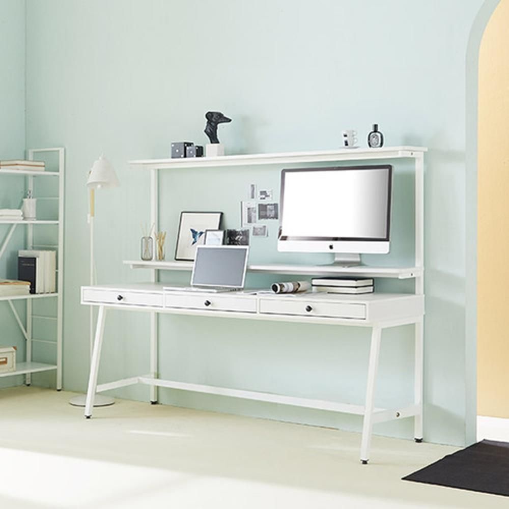 와이드 모니터 스탠드 2단선반형 화이트 철제 책상(180cm) 회사용 DESK 큰